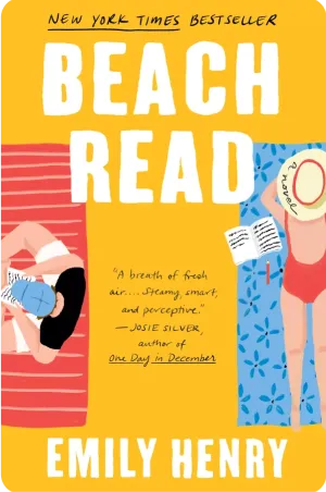 Cover of Beach Read by Emily Henry featuring a colorful beach scene with a book and sunglasses.