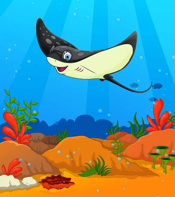 Cartoon stingray gracefully swimming through a vibrant blue ocean, surrounded by bubbles and colorful fish.