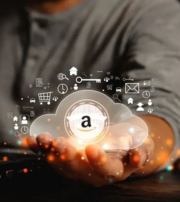 Amazon cloud computing logo featuring a stylized cloud with an arrow, symbolizing data storage and services.