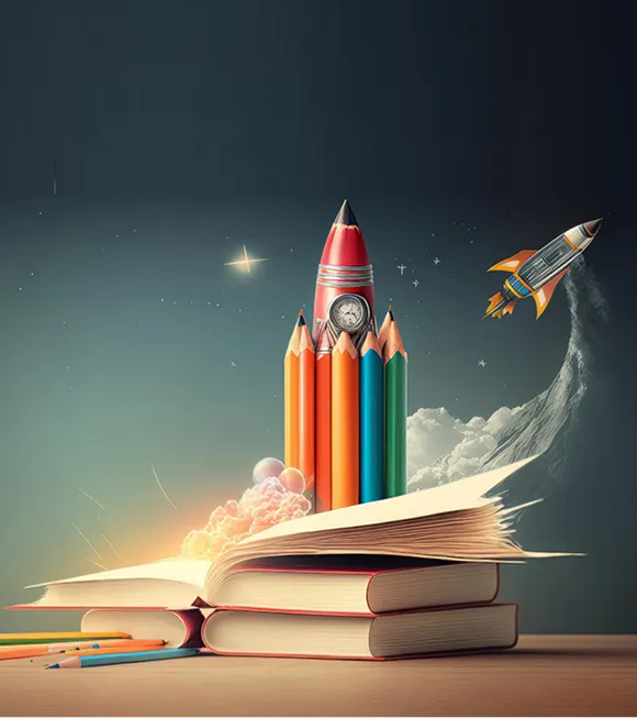 An open book releases a rocket and vibrant pencils, representing the launch of ideas and creativity.